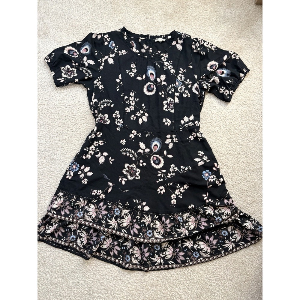 FatFace Black Shaney Fall Floral Mini Dress Puff Sleeve Ruffle Hem Pockets 12